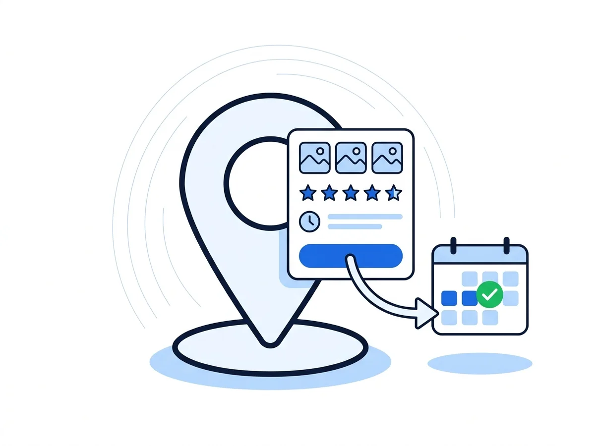 A business map listing with photos, ratings and opening hours, whose booking button leads straight to a confirmed slot in the business's own calendar.