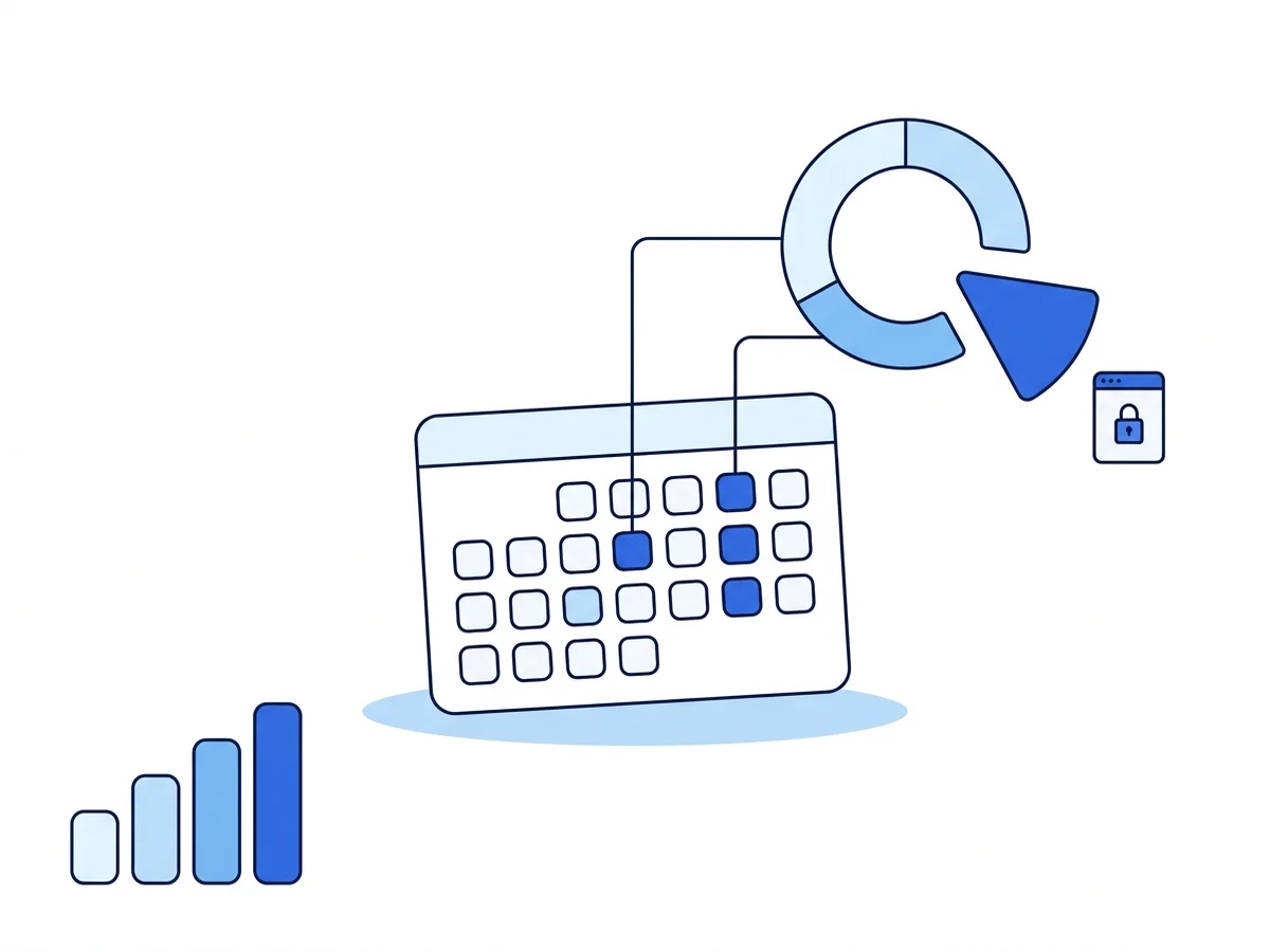 A calendar sending three bookings into a ring chart with one wedge breaking away, beside a rising stack of blocks: the commission grows as the business grows.