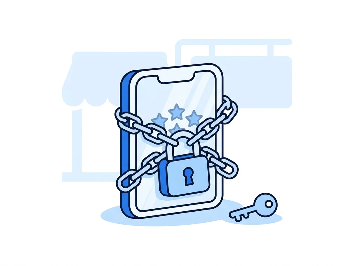 Five stars sealed behind the glass of a padlocked, chained app, with a key that does not fit and, behind it, the business's own empty sign.