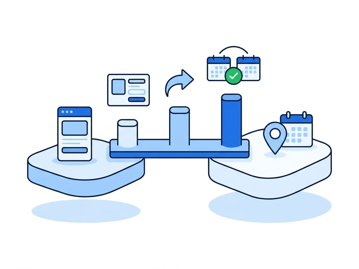 A three-pillar bridge connects a marketplace platform to the business's own calendar: booking page, redirected links and synced calendars.
