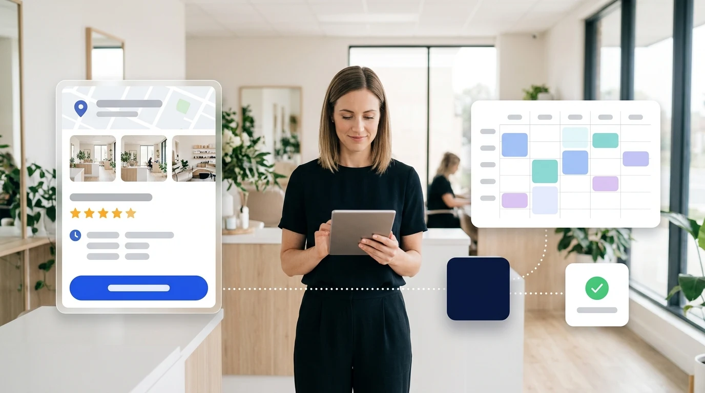 The owner of an appointment-based business checks her own map listing and calendar on a tablet: the listing's booking button feeds straight into her own calendar.
